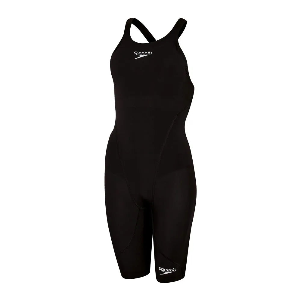 Speedo Women's Fastskin LZR Ignite black kneeskin wetsuit, close-up view showing sleek design and fitted fabric for competitive swimming.