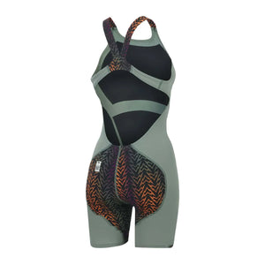 Speedo Women's Fastskin LZR Ignite Kneeskin swimsuit in green and orange, showcasing a sleek, form-fitting design for competitive swimming.