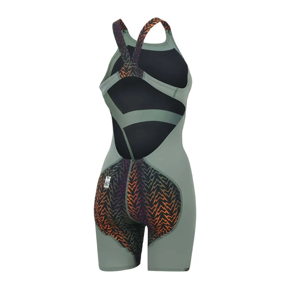 Speedo Women's Fastskin LZR Ignite Kneeskin swimsuit in green and orange, showcasing a sleek, form-fitting design for competitive swimming.