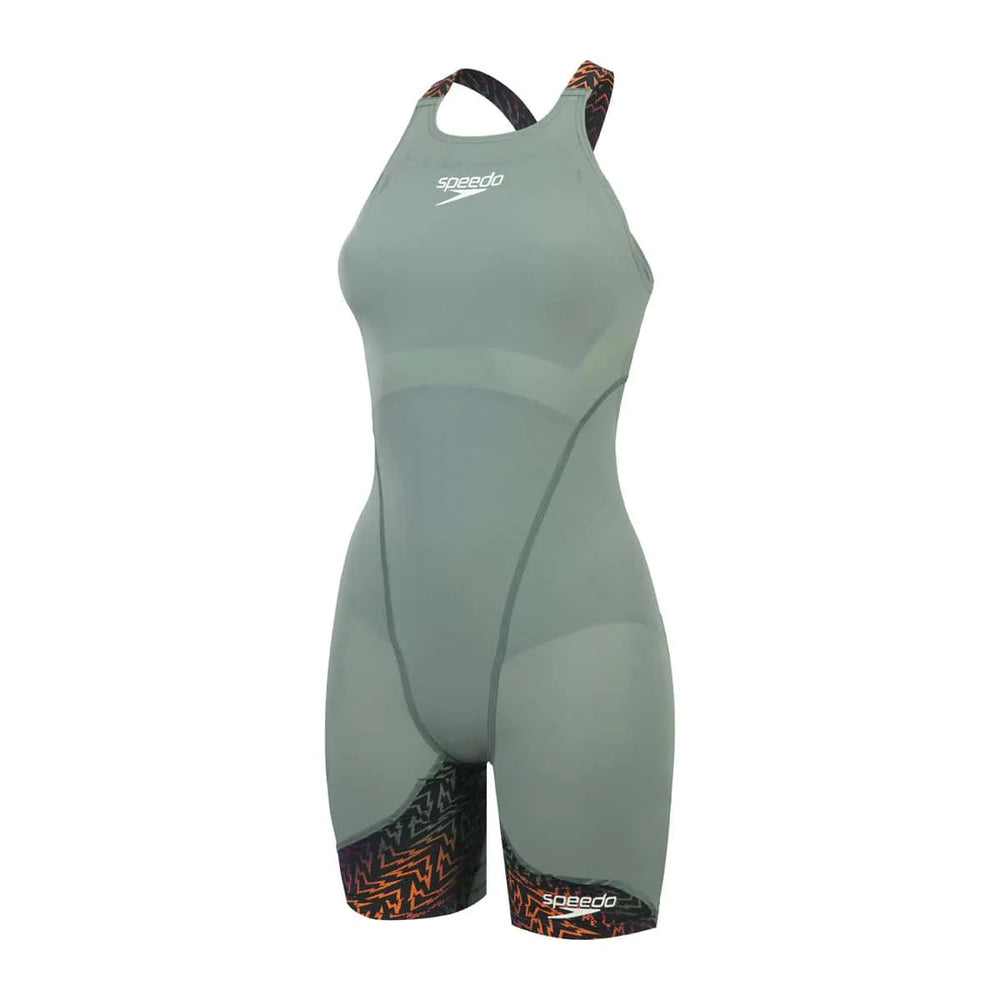 Speedo Women's Fastskin LZR Ignite kneeskin suit in green and orange, designed for competitive swimming.