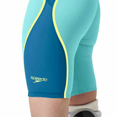Speedo Women's Fastskin LZR Pure Intent 2.0 open-back kneesuit in Arctic Glass, close-up showing sleek design and textured fabric.