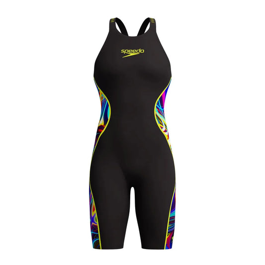 Speedo Women's Fastskin LZR Pure Intent 2.0 openback kneesuit in black, molten blur, and hyper yellow with sleek design. 1200