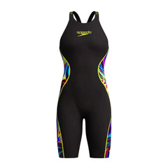 Speedo Women's Fastskin LZR Pure Intent 2.0 openback kneesuit in black, molten blur, and hyper yellow with sleek design.