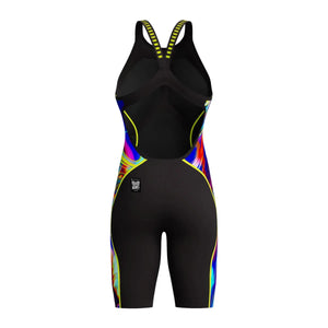 Speedo Women's Fastskin LZR Pure Intent 2.0 openback kneesuit in black, molten blur, and hyper yellow, shown on a model.