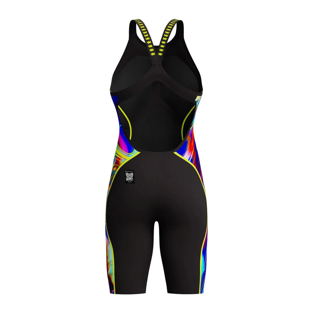 Speedo Women's Fastskin LZR Pure Intent 2.0 openback kneesuit in black, molten blur, and hyper yellow, shown on a model.