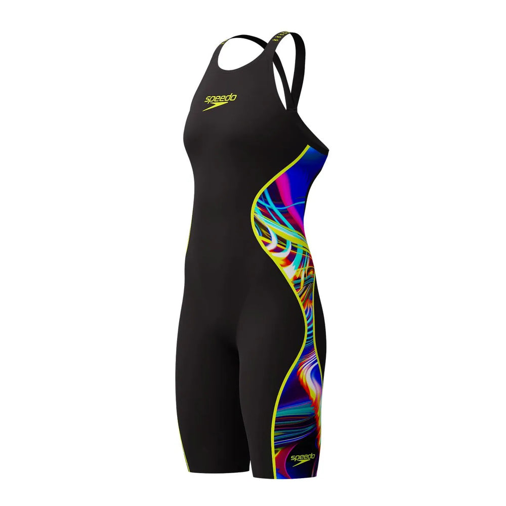 Speedo Women's Fastskin LZR Pure Intent 2.0 openback kneesuit in black, molten blur, and hyper yellow, showing the sleek design and open back.