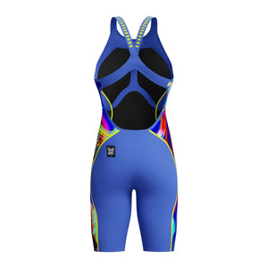 Speedo Women's Fastskin LZR Pure Intent 2.0 openback kneeskin in dark blue, close-up showing sleek design and fabric texture.