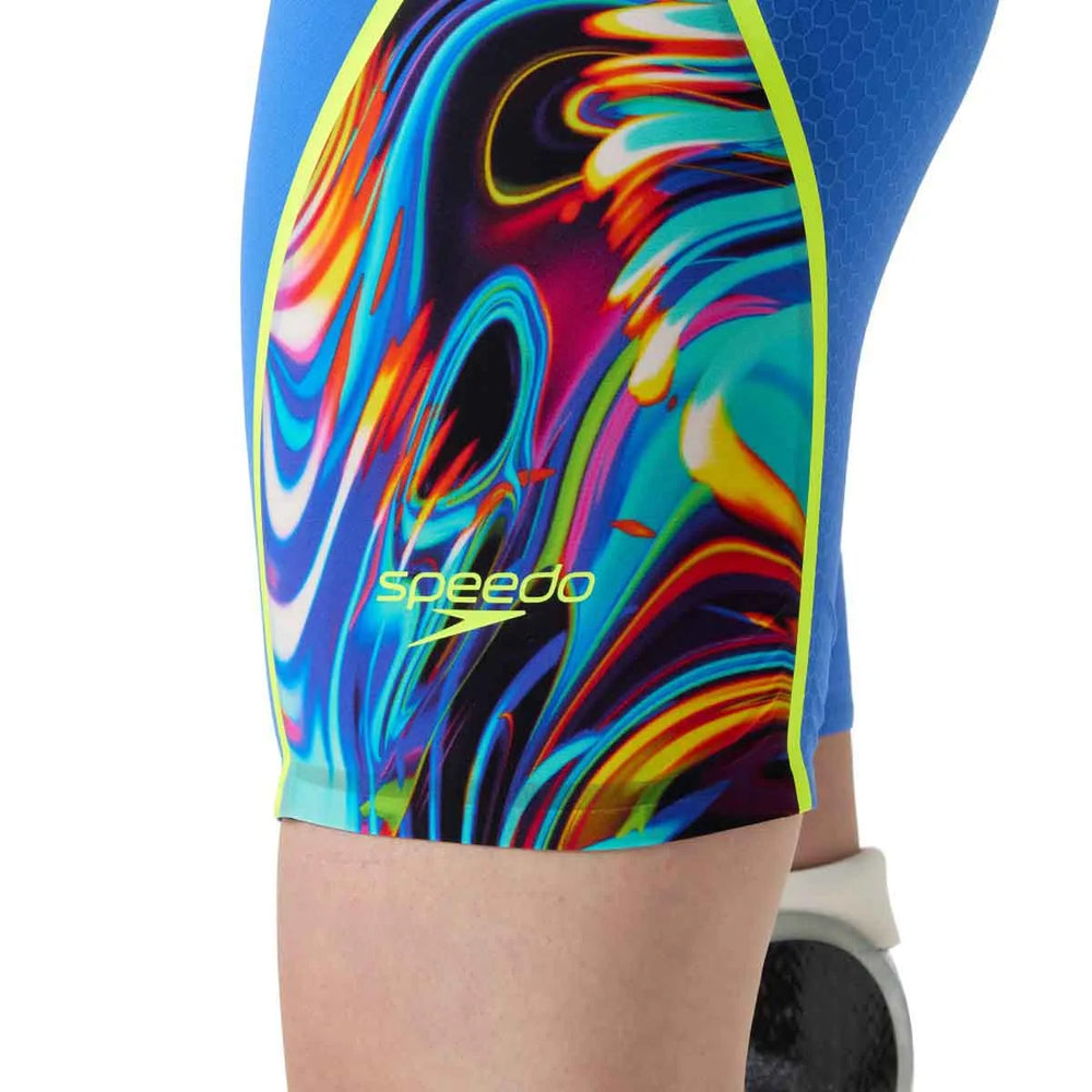 Speedo Women's Fastskin LZR Pure Intent 2.0 openback kneesuit in dark blue, close-up of sleek, snug fit for competitive swimming