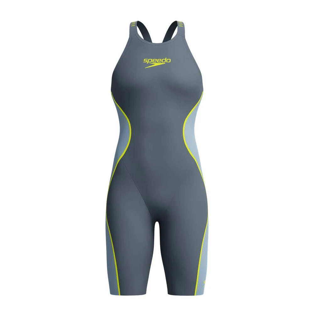 Speedo Women's Fastskin LZR Pure Intent 2.0 openback kneeskin in grey lead, Acadia blue, and hyper yellow, showing the sleek design and open back.