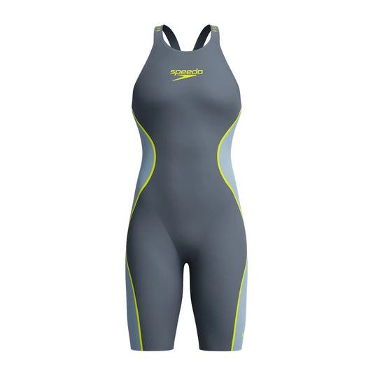 Speedo Women's Fastskin LZR Pure Intent 2.0 openback kneeskin in grey lead, Acadia blue, and hyper yellow, showing the sleek design and open back. 1200