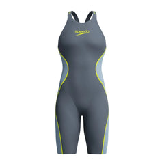 Speedo Women's Fastskin LZR Pure Intent 2.0 openback kneeskin in grey lead, Acadia blue, and hyper yellow, showing the sleek design and open back.
