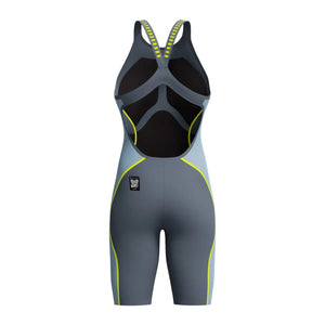 Speedo Women's Fastskin LZR Pure Intent 2.0 openback kneesuit in grey lead, Acadia blue, and hyper yellow, designed for competitive swimming.