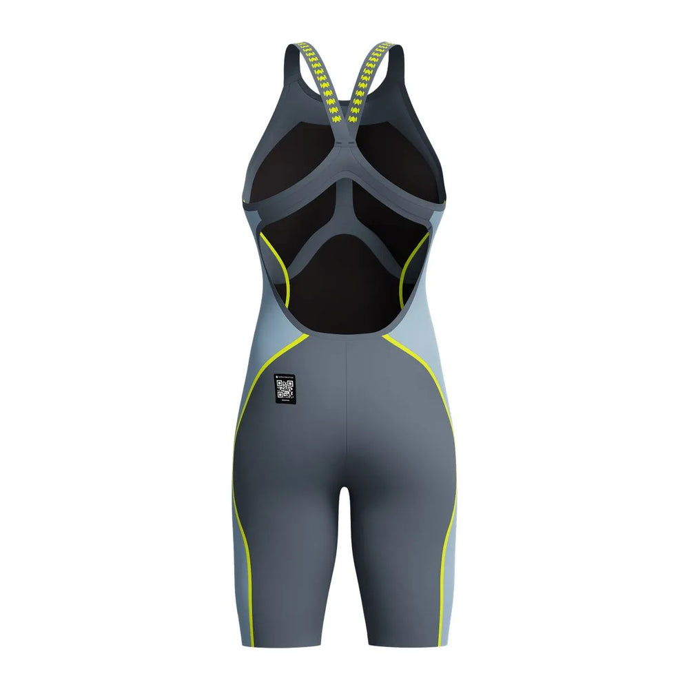 Speedo Women's Fastskin LZR Pure Intent 2.0 openback kneesuit in grey lead, Acadia blue, and hyper yellow, designed for competitive swimming.