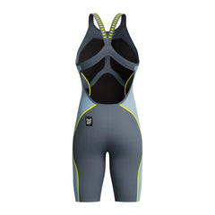 Speedo Women's Fastskin LZR Pure Intent 2.0 openback kneesuit in grey lead, Acadia blue, and hyper yellow, designed for competitive swimming.