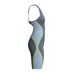 Speedo Women's Fastskin LZR Pure Intent 2.0 openback kneesuit in grey lead, Acadia blue, and hyper yellow, with sleek design and open back.