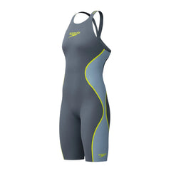 Speedo Women's Fastskin LZR Pure Intent 2.0 openback kneesuit in grey lead, Acadia blue, and hyper yellow, displaying a sleek design.