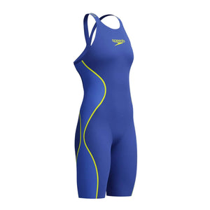 Speedo women's Fastskin LZR Pure Intent 2.0 openback purple kneesuit for competitive swimming, form-fitting and aerodynamic.