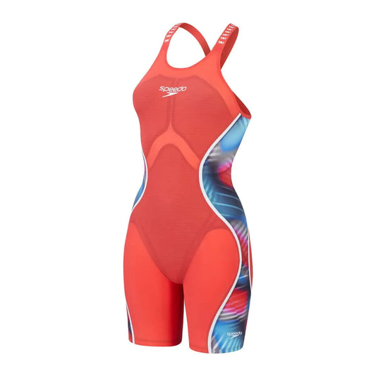 Speedo women's Fastskin LZR Pure Intent 2 openback kneesuit in flame red, picton blue, and snow reflective design. 1200