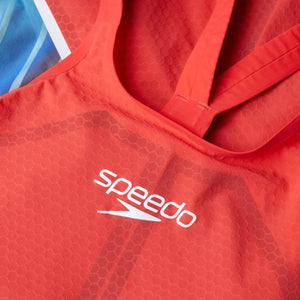 Speedo Women's Fastskin LZR Pure Intent 2 openback kneeskin in flame red, picton blue, and snow reflective, designed for competitive swimming.