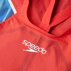 Speedo Women's Fastskin LZR Pure Intent 2 openback kneeskin in flame red, picton blue, and snow reflective, designed for competitive swimming.