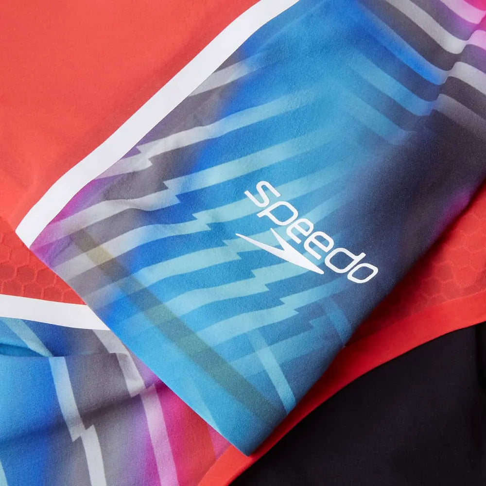 Speedo Women's Fastskin LZR Pure Intent 2 openback kneesuit in flame red, picton blue, and snow reflective for competitive swimming.