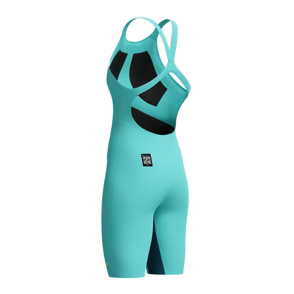 Speedo Women's Fastskin LZR Pure Valor 2.0 openback kneesuit in Arctic Glass, showing sleek design and open back for competitive swimming.