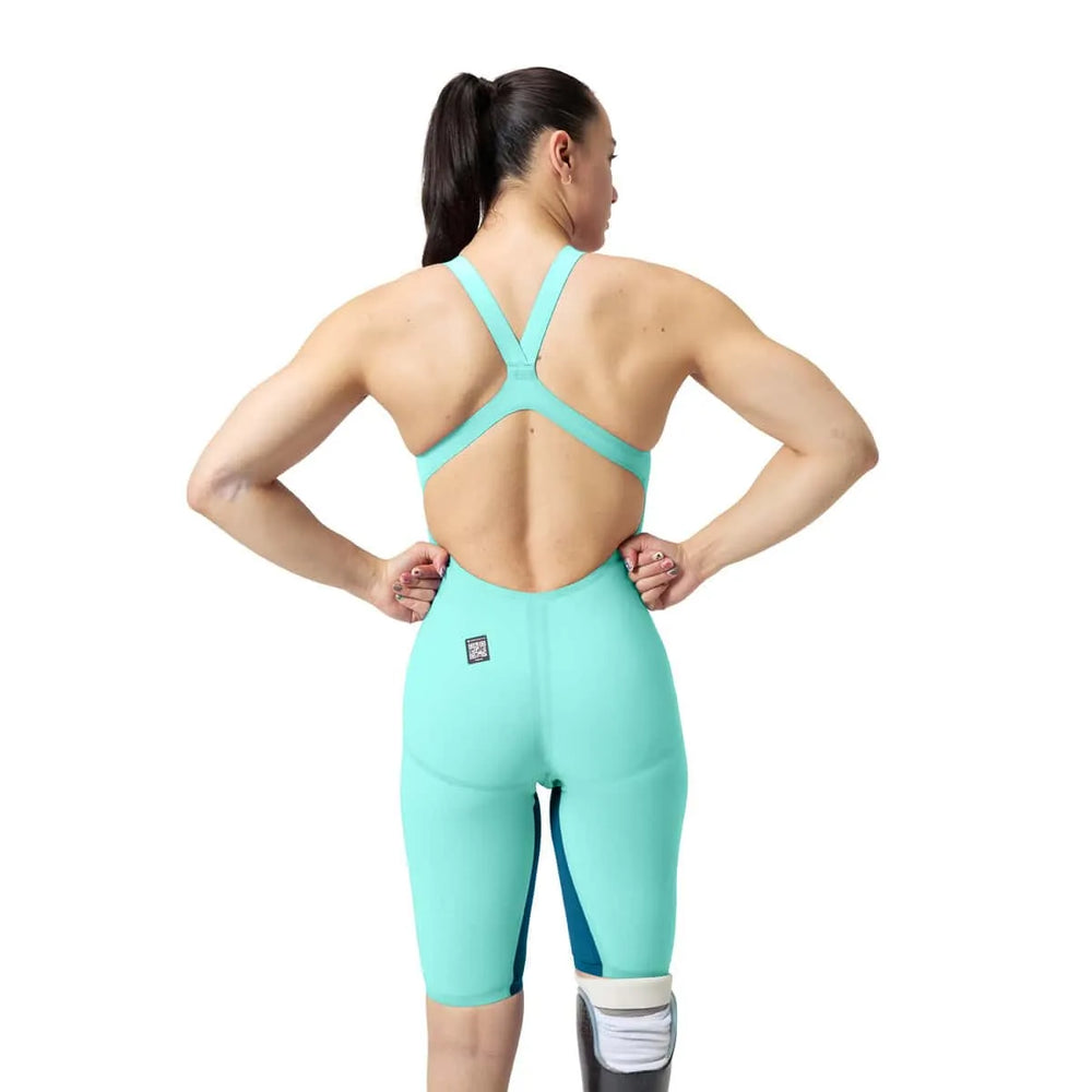 Speedo Women's Fastskin LZR Pure Valor 2.0 openback kneeskin in Arctic Glass, showing sleek design and open back pattern.