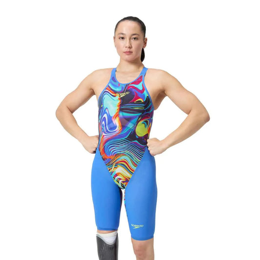 Speedo Women's Fastskin LZR Pure Valor 2.0 openback kneeskin in dark blue, designed for competitive swimming. 1200