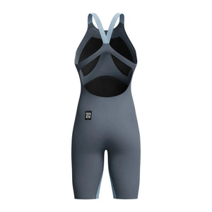 Speedo Women's Fastskin LZR Pure Valor 2.0 openback kneesuit in grey lead and Acadia blue, showing sleek design and open back.