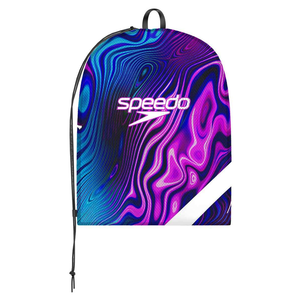 Speedo XL Team mesh bag in purple with printed design, durable mesh material for swimming gear storage.