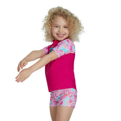 Speedo girls' short sleeve printed rash guard set in pink and blue, perfect for swimming and water activities.