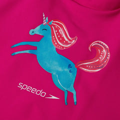 Speedo girls' short sleeve printed rash guard set in pink and blue, perfect for swimming and sun protection.