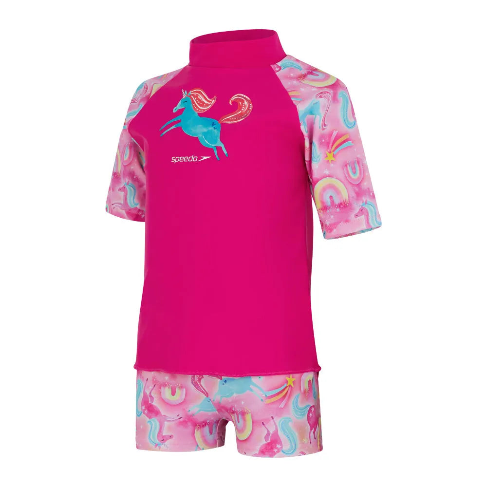 Speedo girls' short sleeve printed rash guard set in pink and blue, designed for swimming and sun protection for ages 4 and up.
