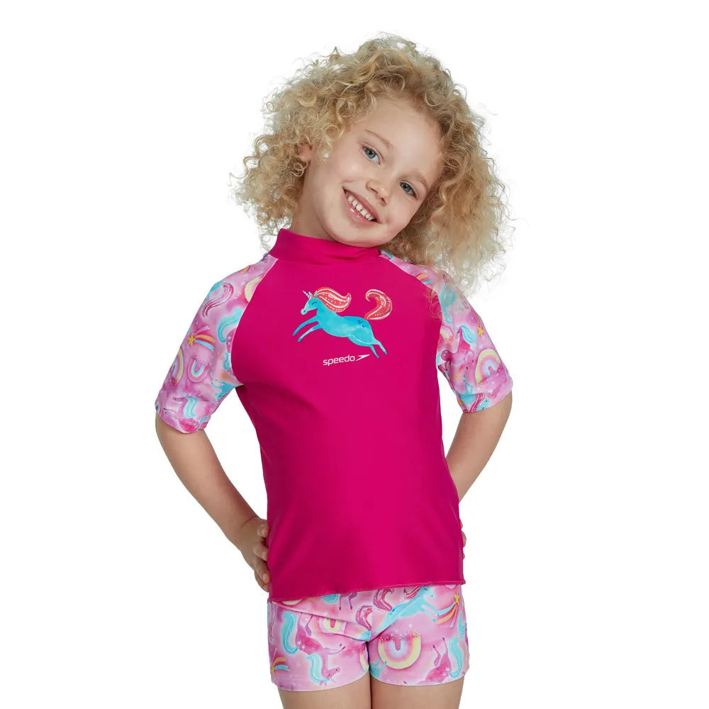 Speedo girls' short sleeve printed rash guard and swim top set in pink and blue, ideal for summer swimwear.