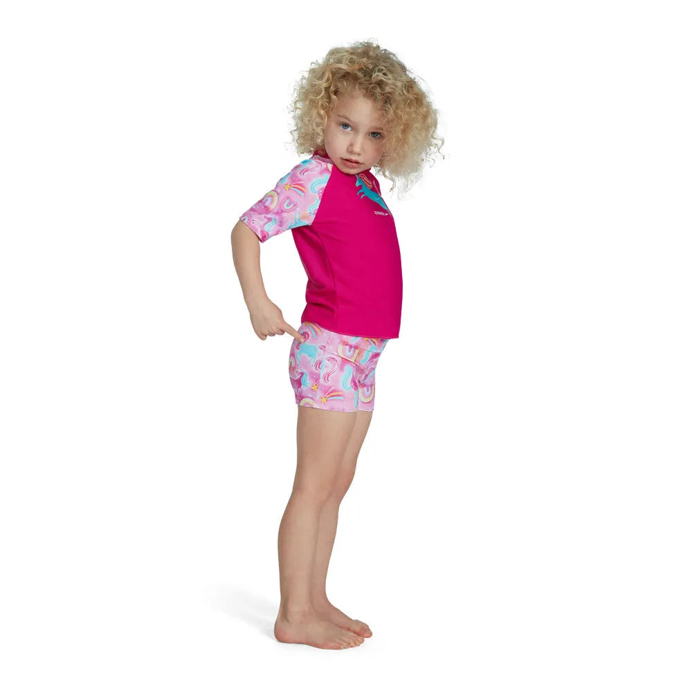 Speedo girls' short sleeve printed rash guard set in pink and blue, perfect for swimming and sun protection.