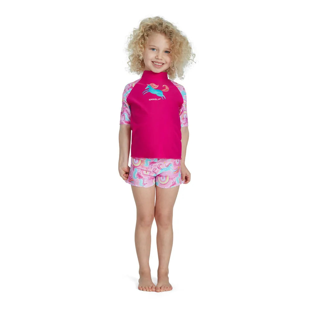 Speedo girls' short sleeve printed rash guard set in pink and blue, perfect for swimming and sun protection.