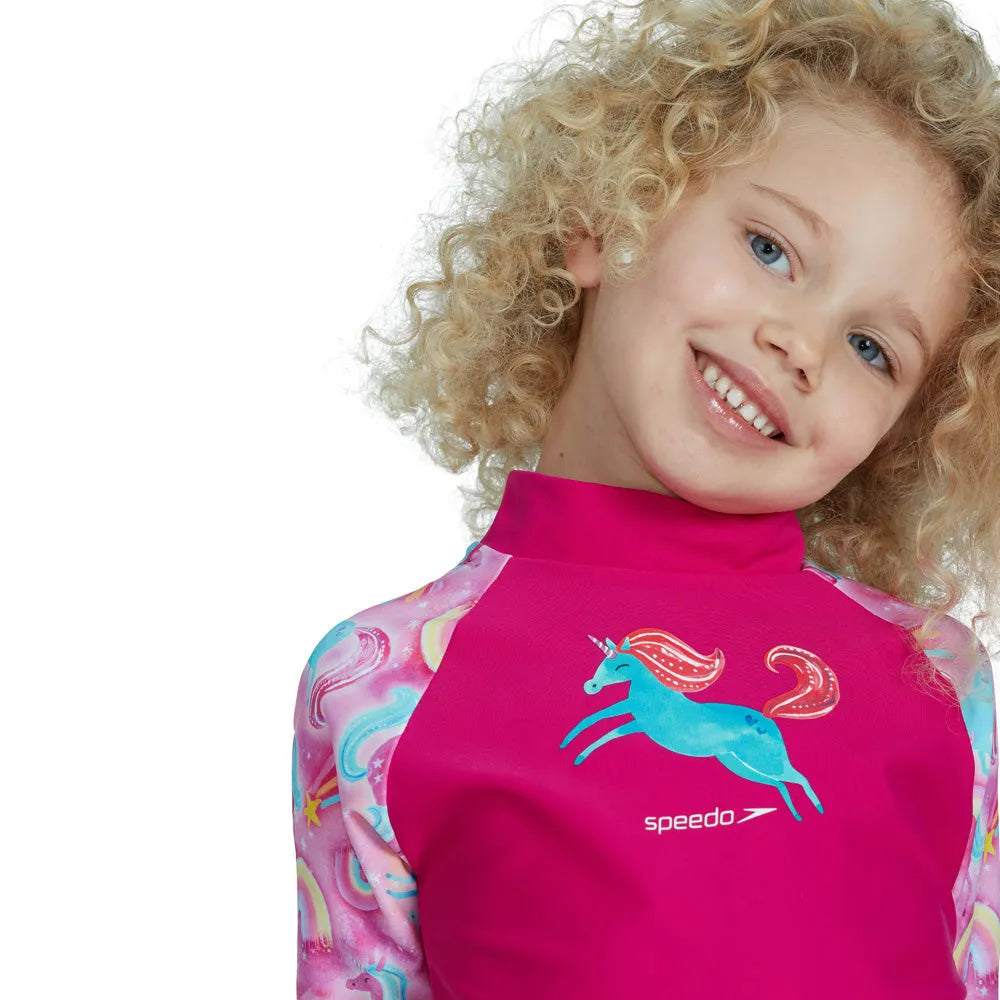 Speedo girls' pink and blue short sleeve printed rash guard set, suitable for swimming and sun protection for young children.