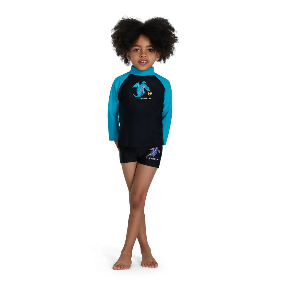 Speedo Boys Long Sleeve Printed Rash Top - Black/Blue | Allens Of Kingsbury