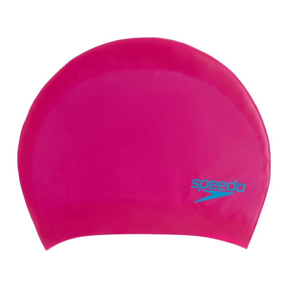 Pink Speedo long hair swimming cap for juniors, made of durable silicone, designed to keep long hair secure during swim practice.