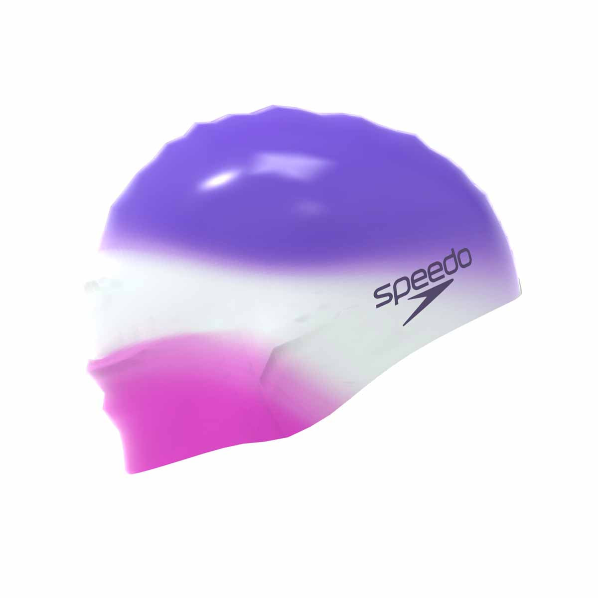 Speedo multi-color silicone swim cap, lightweight and stretchy swim hat with vibrant design, ideal for competitive and recreational swimming.
