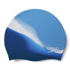 Speedo multi-color silicone swimming cap in blue, designed for comfortable swim hat with vibrant color pattern.