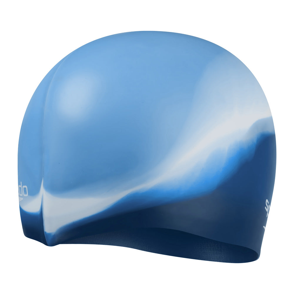 Speedo multi-color silicone swimming cap in blue, designed for comfortable fit and waterproof protection during swimming.