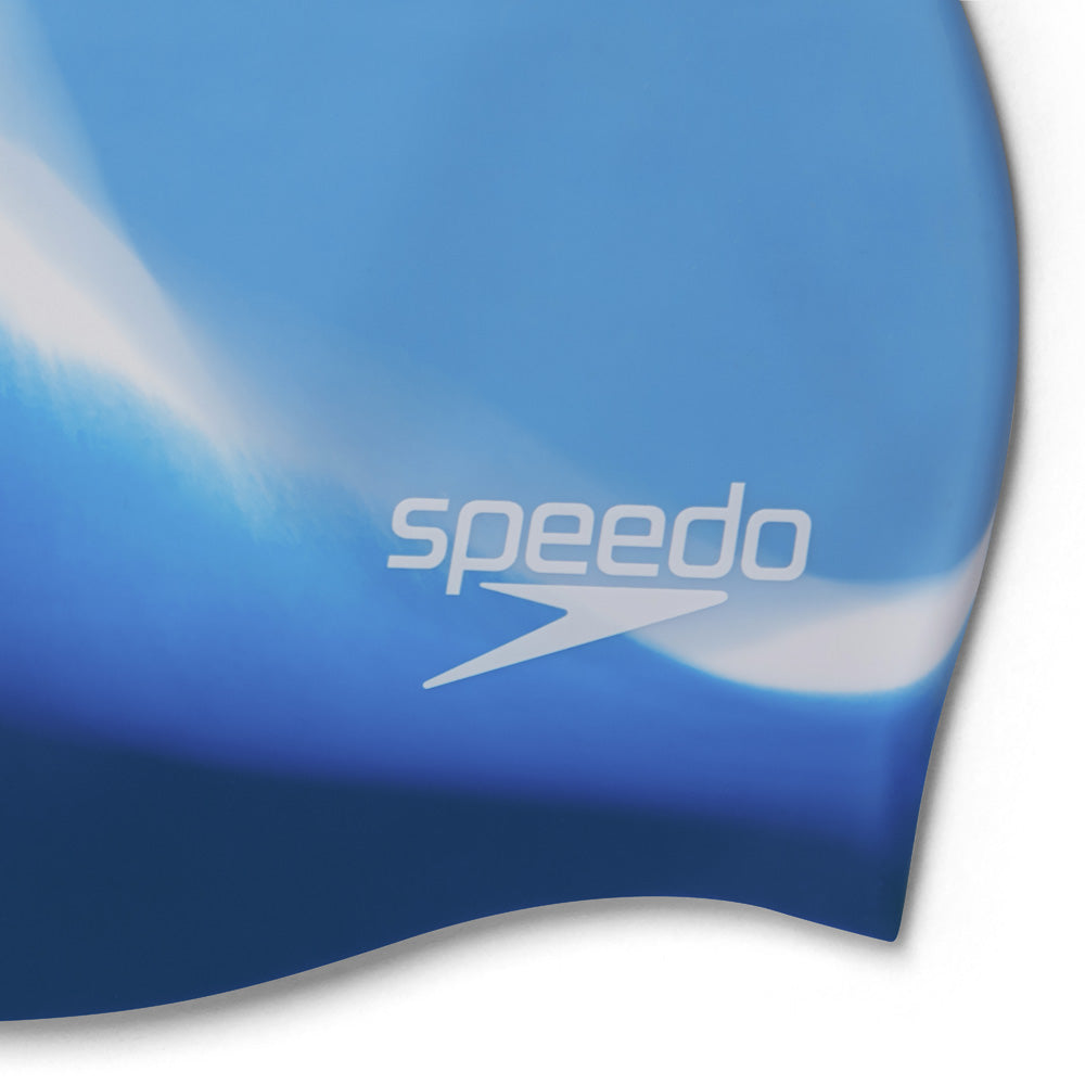 Speedo multi-color silicone swimming cap in blue, perfect for comfortable and stylish swimwear.