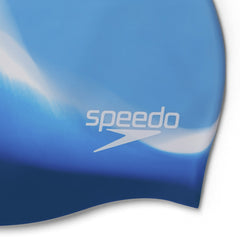 Speedo multi-color silicone swimming cap in blue, perfect for comfortable and stylish swimwear.