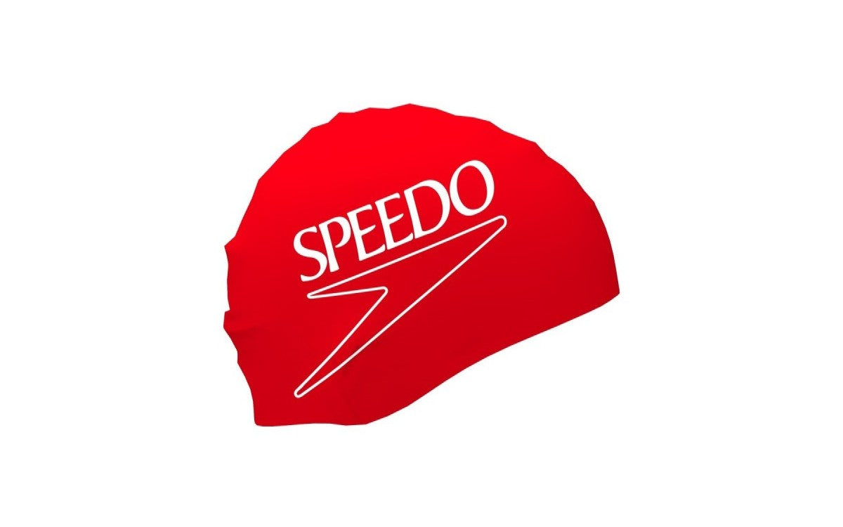 Red Speedo Printed Biofuse swimming cap, lightweight and flexible swim hat with bold design, ideal for competitive and recreational swimming.