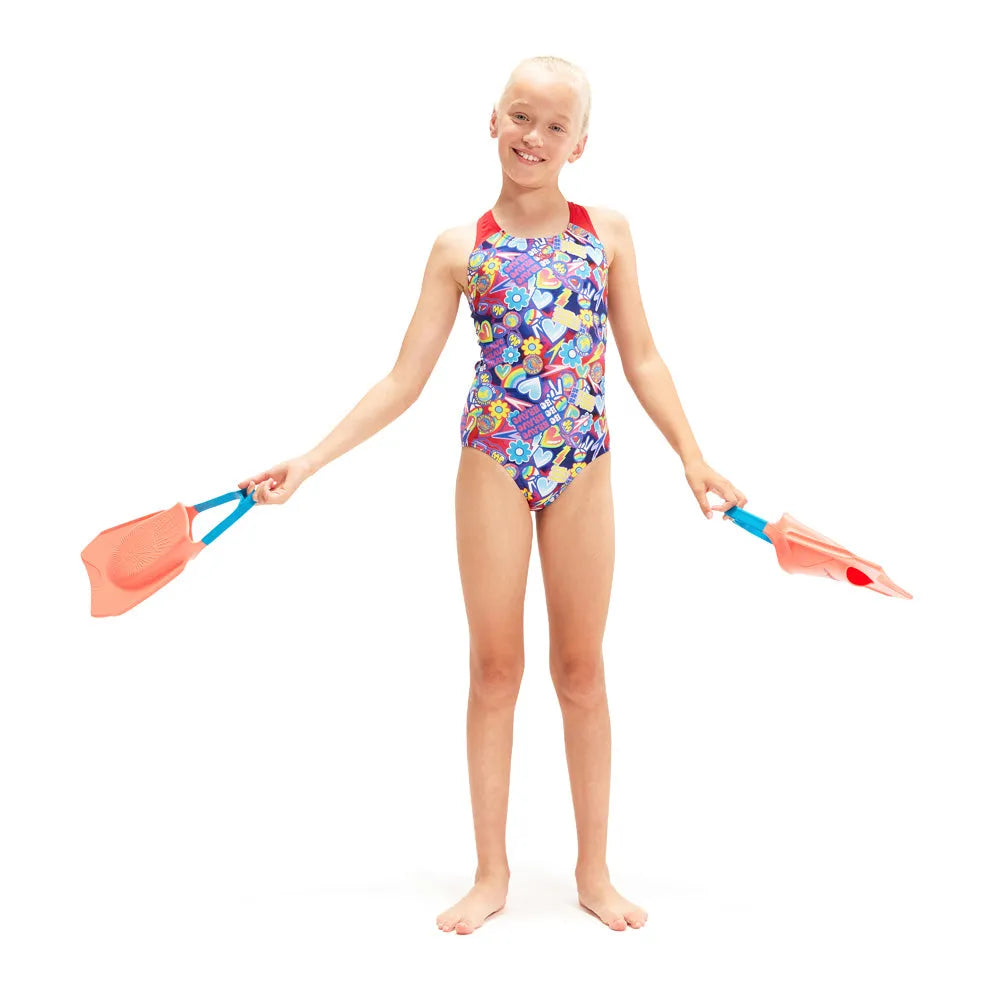 Speedo girls' digital allover splashback swimsuit showing vibrant pattern and sleek design, perfect for young swimmers.