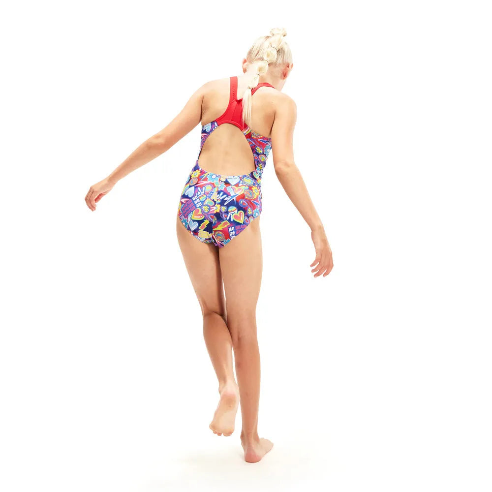 Speedo girls' digital allover splashback swimsuit with colorful pattern, designed for young swimmers, ideal for competitive or recreational swimming.