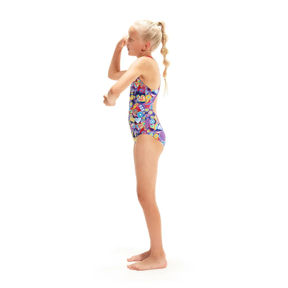 Speedo girls' digital allover splashback swimsuit with vibrant pattern, designed for swimming and active water sports.