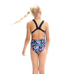 Speedo girls' digital allover leaderback swimsuit, suitable for ages 15-16, featuring vibrant print and comfortable fit.