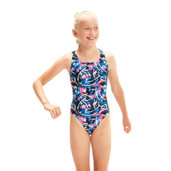Speedo girls' digital allover leaderback swimsuit in vibrant print, designed for swimming and active water sports.